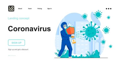 Coronavirus web konsepti. Koruyucu giysi giyen doktor dezenfeksiyon kullanarak viral enfeksiyonla savaşıyor. İnsan sahnelerinin kalıpları. Web sitesi için düz tasarım karakter etkinlikleri ile vektör illüstrasyonu