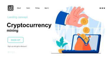 Kripto para birimi madencilik web konsepti. İşadamı eli cüzdanına bozuk para koyar, dijital finansal büyüme. İnsan sahnelerinin kalıpları. Web sitesi için düz tasarım karakter etkinlikleri ile vektör illüstrasyonu