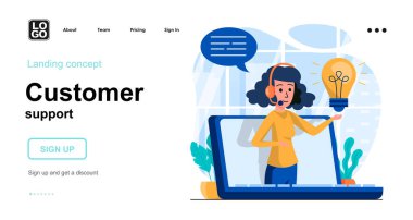 Müşteri desteği web konsepti. Santral danışmanları, çözülmüş müşteri sorunları, çağrı merkezi. İnsan sahnelerinin kalıpları. Web sitesi için düz tasarım karakter etkinlikleri ile vektör illüstrasyonu