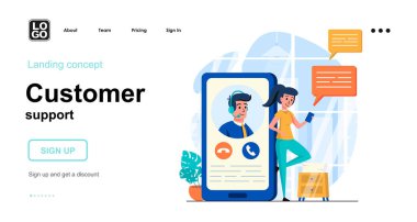 Müşteri desteği web konsepti. Çağrı merkezinden bir kadın arıyor, sohbet sırasında operatörle görüşüyor. İnsan sahnelerinin kalıpları. Web sitesi için düz tasarım karakter etkinlikleri ile vektör illüstrasyonu