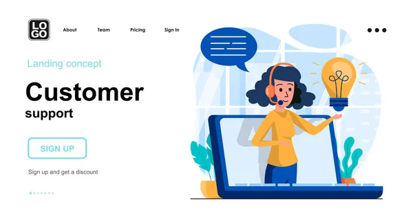 Ügyfélszolgálat webes koncepció. Üzemeltető konzultál online, megoldott ügyfélproblémák, call center. Emberi jelenetek sablonja. Vektorillusztráció a weboldal lapos kialakítású karakteres tevékenységeivel — Stock Vector
