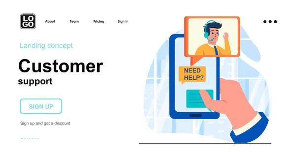 カスタマーサポートWebコンセプト。オンラインアシスタントは、クライアントを支援し、スマートフォンでチャットを介して通信します。人々のシーンのテンプレート。ウェブサイトのためのフラットデザインのキャラクター活動とベクトルイラスト — ストックベクタ