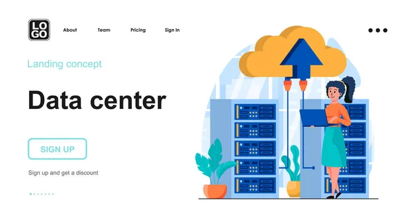 Concepto web del centro de datos. Mujer trabaja en bastidores de sala de servidores, apoya el trabajo de las tecnologías de nube. Plantilla de escenas de personas. Ilustración vectorial con actividades de carácter en diseño plano para sitio web — Vector de stock