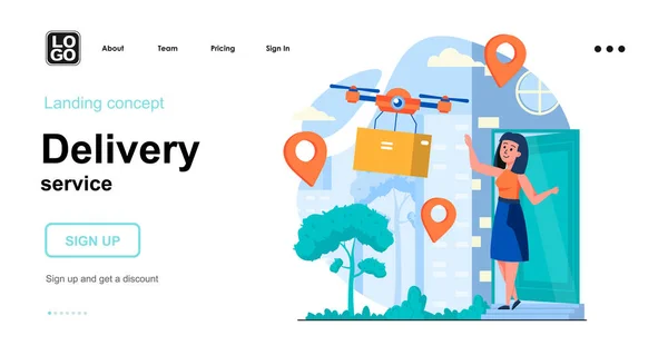 配信サービスのWebコンセプト。女性は無人機で配達された箱で注文を受けます,速い航空輸送.人々のシーンのテンプレート。ウェブサイトのためのフラットデザインのキャラクター活動とベクトルイラスト — ストックベクタ