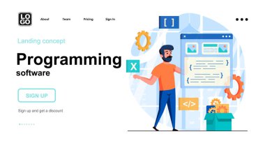 Yazılım web konsepti programlanıyor. Geliştirici uygulama, program veya web sitesi arayüzü oluşturur. İnsan sahnelerinin kalıpları. Web sitesi için düz tasarım karakter etkinlikleri ile vektör illüstrasyonu