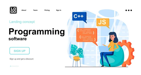 Logiciel de programmation web concept. Femme développeur code de codage dans différents langages de programmation. Modèle de scènes de personnes. Illustration vectorielle avec des activités de personnages en flat design pour site web — Image vectorielle