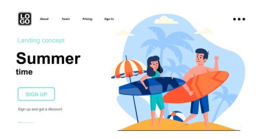 Yaz zamanı web konsepti. Çift sörf, deniz kenarında dinlenme, okyanus tatili, aile aktiviteleri. İnsan sahnelerinin kalıpları. Web sitesi için düz tasarım karakter etkinlikleri ile vektör illüstrasyonu