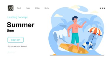 Yaz zamanı web konsepti. Erkek sörfü, deniz kenarında dinlenme, okyanus tatili, su aktivitesi. İnsan sahnelerinin kalıpları. Web sitesi için düz tasarım karakter etkinlikleri ile vektör illüstrasyonu