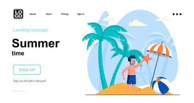 Yaz zamanı web konsepti. Yüzme maskeli bir çocuk deniz yıldızı tutuyor, tatil köyünde dinleniyor. İnsan sahnelerinin kalıpları. Web sitesi için düz tasarım karakter etkinlikleri ile vektör illüstrasyonu