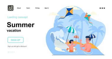 Yaz tatili web konsepti. Baba ve oğul deniz dalgalarında yüzüyor, deniz kıyısındaki tatil köyünde dinleniyorlar. İnsan sahnelerinin kalıpları. Web sitesi için düz tasarım karakter etkinlikleri ile vektör illüstrasyonu