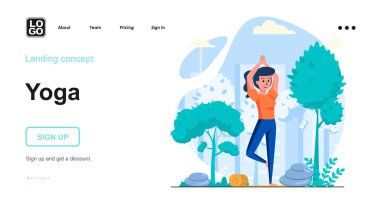 Yoga web konsepti. Genç kız eğitimde asanas gösterisi yapıyor, vücuduna özen gösteriyor, sağlıklı bir yaşam tarzı. İnsan sahnelerinin kalıpları. Web sitesi için düz tasarım karakter etkinlikleri ile vektör illüstrasyonu