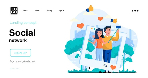 ソーシャルネットワークのWebコンセプト。カップルは、フィードバックのように収集し、インターネット上で写真を掲載、自撮りを取ります。人々のシーンのテンプレート。ウェブサイトのためのフラットデザインのキャラクター活動とベクトルイラスト — ストックベクタ
