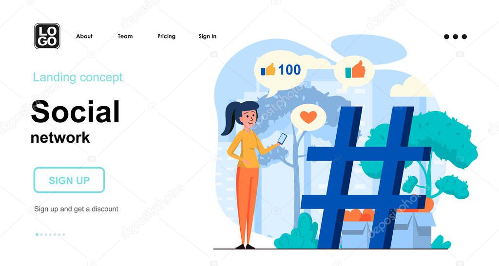 Social network web concept. Woman posting on blog, launches hashtag challenge, collects likes. Template of people scenes. Vector illustration with character activities in flat design for website