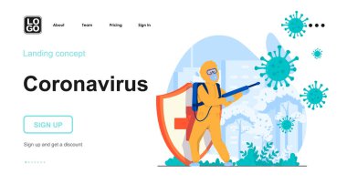 Coronavirus web konsepti. Koruyucu giysi dezenfekte eden doktor, virüsle savaşan. Covid-19 yayılımını durdurun. İnsan sahnelerinin kalıpları. Web sitesi için düz tasarım karakter etkinlikleri ile vektör illüstrasyonu