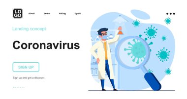 Coronavirus web konsepti. Bilimadamı araştırma virüsü, laboratuvarda test edilir, aşı ya da ilaç yaratır. İnsan sahnelerinin kalıpları. Web sitesi için düz tasarım karakter etkinlikleri ile vektör illüstrasyonu