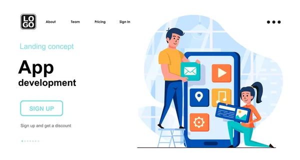 アプリ開発のWebコンセプト。チームビルディングモバイルアプリケーション、レイアウト上のインターフェイスボタンを配置します。人々のシーンのテンプレート。ウェブサイトのためのフラットデザインのキャラクター活動とベクトルイラスト — ストックベクタ