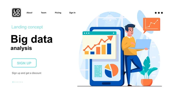 Conceito web de análise de Big Data. Contabilidade financeira no aplicativo móvel, estatísticas de gráficos de crescimento de análise. Modelo da cena das pessoas. Ilustração vetorial com atividades de caráter em design plano para site —  Vetores de Stock