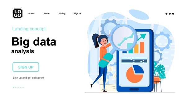 Big Data analiz web konsepti. Mobil uygulamalarda kadın araştırma istatistikleri. İş analizi grafiği. İnsanların olay yerinin şablonu. Web sitesi için düz tasarım karakter etkinlikleri ile vektör illüstrasyonu — Stok Vektör