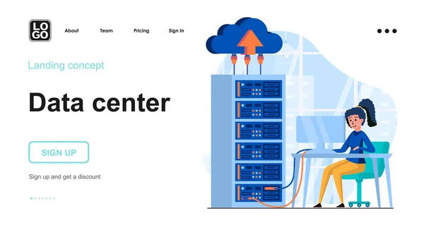 Concepto web del servidor de datos. Ingeniera mujer mantiene el trabajo en bastidores de sala de servidores, hardware del centro de datos. Plantilla de escena de la gente. Ilustración vectorial con actividades de carácter en diseño plano para sitio web — Vector de stock