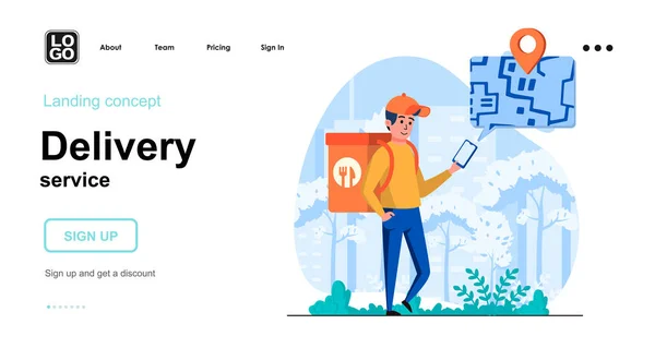 配信サービスのWebコンセプト。宅配便で袋を運ぶ食品注文に顧客で自宅、追跡小包。人々のシーンのテンプレート。ウェブサイトのためのフラットデザインのキャラクター活動とベクトルイラスト — ストックベクタ