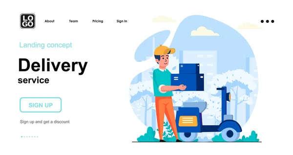 Delivery service web concept. Courier on motorcycle carries parcels boxes, fast delivery at home. Template of people scene. Vector illustration with character activities in flat design for website — Stock Vector