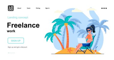 Serbest çalışma web sitesi kavramı. Dizüstü bilgisayarda çalışan serbest çalışan bir kadın plajda dinleniyor. Uzaktan kumandalı. İnsanların olay yerinin şablonu. Web sitesi için düz tasarım karakter etkinlikleri ile vektör illüstrasyonu