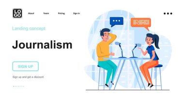 Gazetecilik web konsepti. Kadın ve erkek canlı yayında konuşuyor. Stüdyoda röportaj kaydı. İnsanların olay yerinin şablonu. Web sitesi için düz tasarım karakter etkinlikleri ile vektör illüstrasyonu