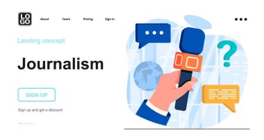 Gazetecilik web konsepti. Gazetecilerin elinde mikrofon var. Haber programı, kitle iletişim araçları, basın toplantısı. İnsanların olay yerinin şablonu. Web sitesi için düz tasarım karakter etkinlikleri ile vektör illüstrasyonu