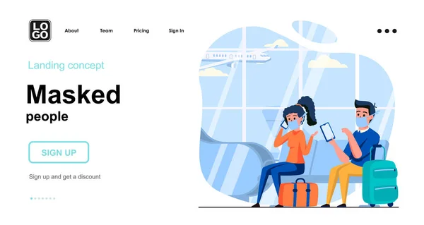 Koncept maskovaných lidí na webu. Muž a žena v maskách v čekárně na letišti. Koronavirová prevence. Šablona scény pro lidi. Vektorová ilustrace s charakterními aktivitami v plochém designu pro webové stránky — Stockový vektor
