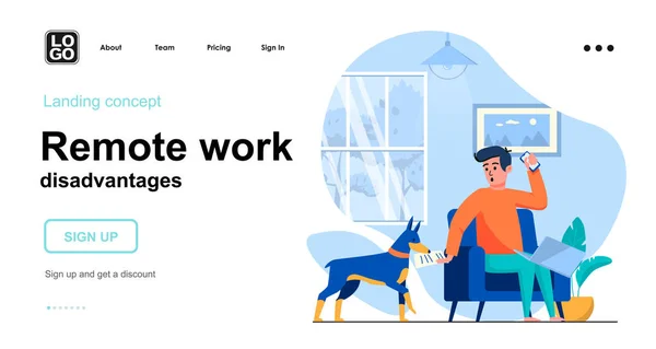 Remote-Arbeit benachteiligt Web-Konzept. Freiberufler, die am Laptop arbeiten, stört der Hund und lenkt ab. Vorlage für die Szene der Menschen. Vektor-Illustration mit Charakteraktivitäten in flachem Design für Website — Stockvektor