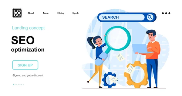 Seo优化Web概念。团队在搜索、定制、分析统计数据中推广网站。人们的模板场景。网站平面设计中字符活动的矢量图解 — 图库矢量图片