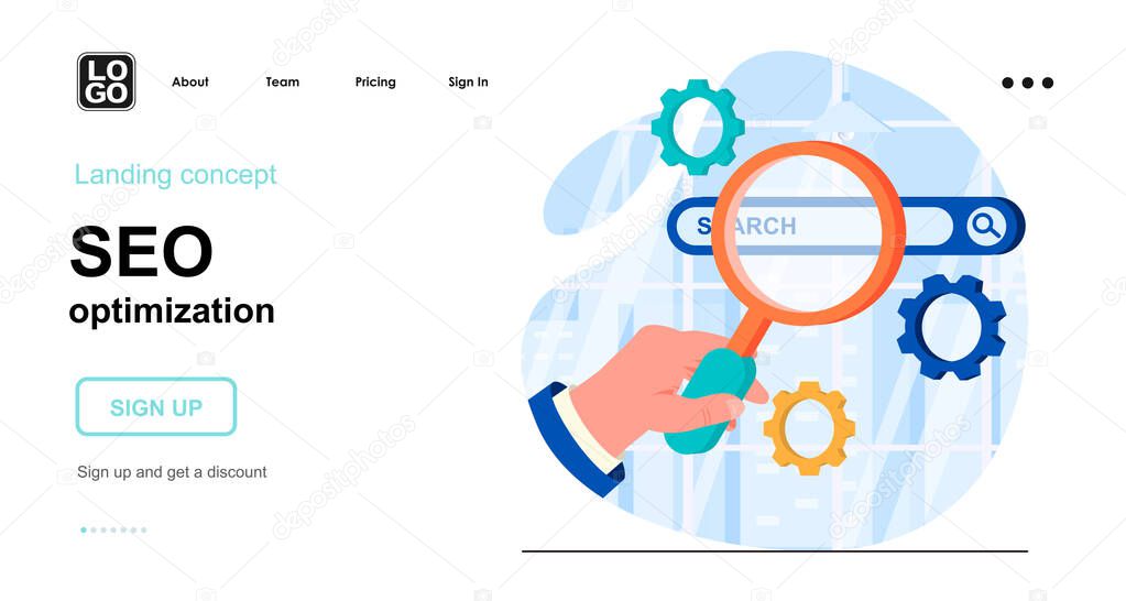 Seo optimization web concept. Analysis ranking search engines, settings at browser, target traffic. Template of people scene. Vector illustration with character activities in flat design for website