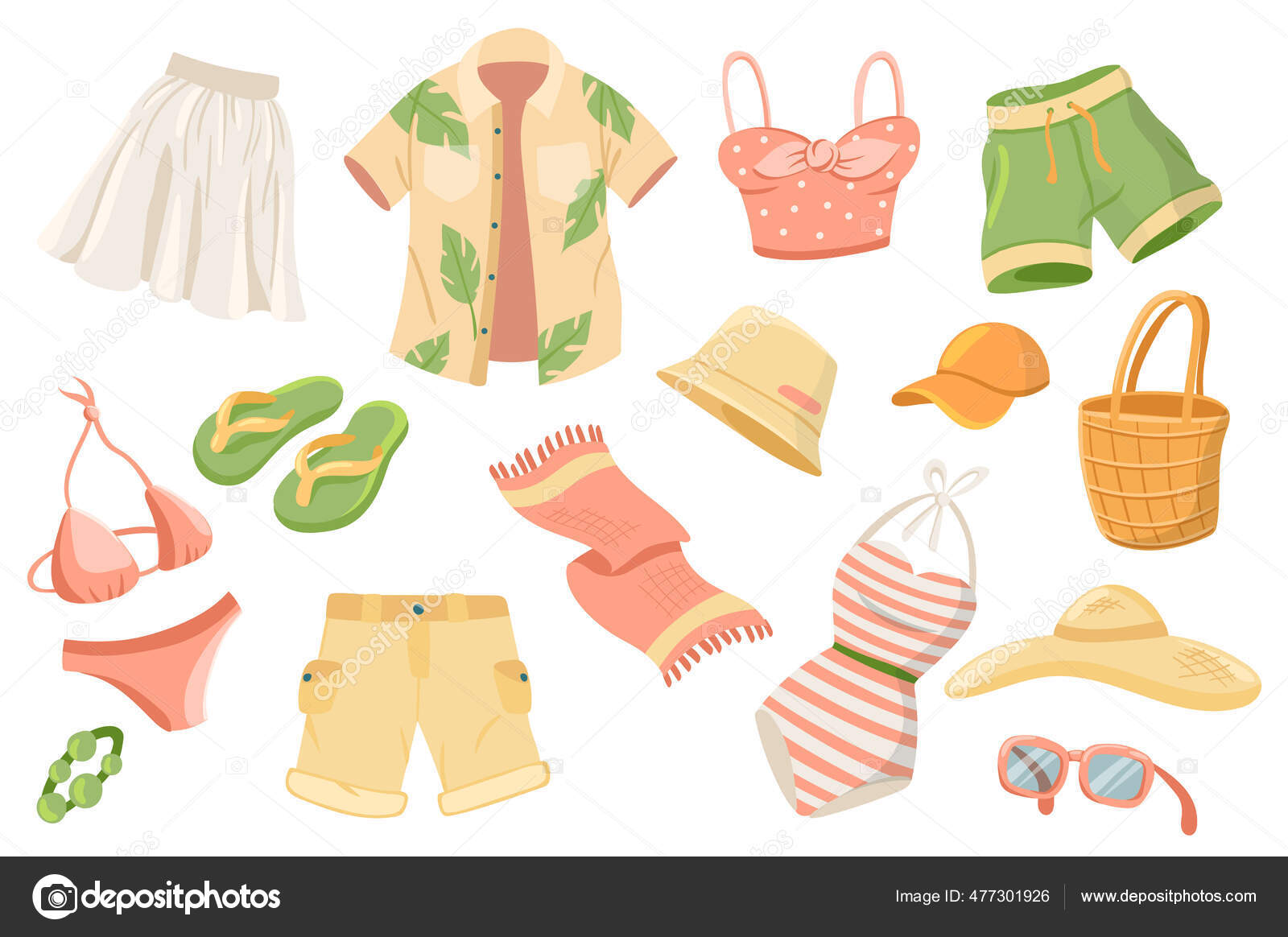 Roupas de verão adesivos bonitos conjunto isolado. Coleção de saia, camisa,  short, maiô, toalha, chinelos, óculos de sol, acessório. Roupas de férias  Sea Resort. Ilustração vetorial em desenho animado plano imagem vetorial