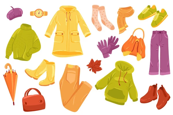 Φθινοπωρινά ρούχα χαριτωμένα αυτοκόλλητα απομονωμένα. Συλλογή από πουλόβερ, αδιάβροχο, κάλτσες, μαντήλι, γάντια, παντελόνι, ομπρέλα. Ζεστά ρούχα για περπάτημα στο ύπαιθρο. Εικονογράφηση διάνυσμα σε επίπεδη σχεδίαση κινουμένων σχεδίων — Διανυσματικό Αρχείο