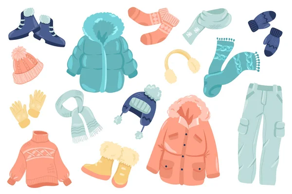 Winter kleding leuke stickers geïsoleerde set. Verzameling van schoenen, sokken, sjaal, wanten, handschoenen, hoed, trui, oorkappen. Warme seizoenskleding bij de garderobe. Vector illustratie in platte cartoon ontwerp — Stockvector