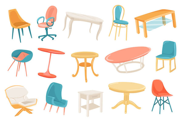 Мебель милые наклейки изолированный набор. Коллекция стульев и столов разных типов. Стильный современный дизайн интерьера для гостиной или столовой. Векторная иллюстрация в плоском рисунке