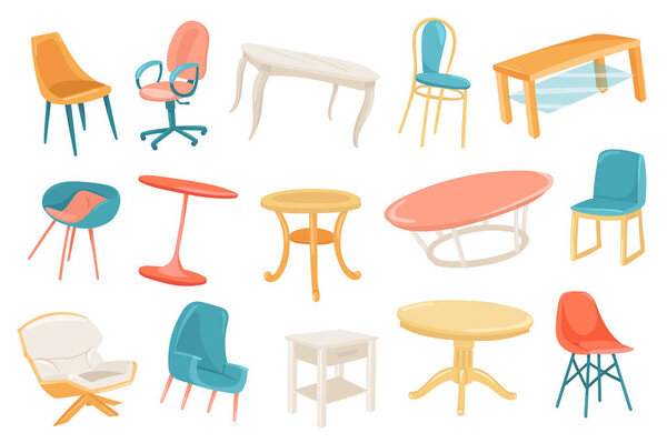 Furniture cute stickers isolated set. Collection of chairs and tables of different types. Stylish modern interior design for living room or dining room. Vector illustration in flat cartoon design