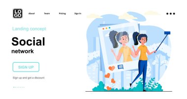 Sosyal ağ web konsepti. Kadın selfie çekiyor, sayfasında yayınlıyor, beğeni ve yorum topluyor. İnsanların olay yerinin şablonu. Web sitesi için düz tasarım karakter etkinlikleri ile vektör illüstrasyonu