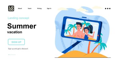 Yaz tatili web konsepti. Sahilde selfie çeken bir çift. Bir adam ve bir kadın deniz kenarında dinleniyor. İnsanların olay yerinin şablonu. Web sitesi için düz tasarım karakter etkinlikleri ile vektör illüstrasyonu