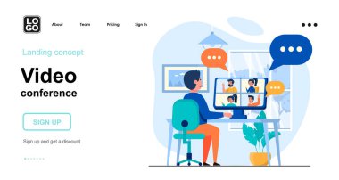 Video konferans web konsepti. Adam video aracılığıyla arkadaşlarıyla veya iş arkadaşlarıyla çevrimiçi iletişim kuruyor. İnsanların olay yerinin şablonu. Web sitesi için düz tasarım karakter etkinlikleri ile vektör illüstrasyonu