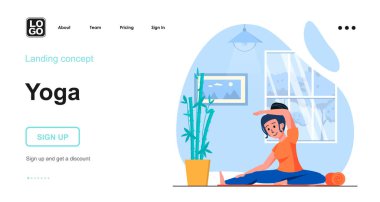 Yoga web konsepti. Kadın asana antrenmanı yapıyor, evde fitness antrenmanı yapıyor. Spor sağlıklı yaşam tarzı. İnsanların olay yerinin şablonu. Web sitesi için düz tasarım karakter etkinlikleri ile vektör illüstrasyonu