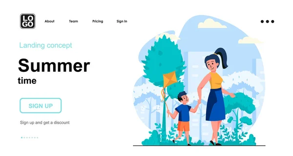 夏時間のWebコンセプト。母は街の公園で彼女の息子と一緒に歩きます,子供は凧を飛ぶ,家族のレジャー.人々のシーンのテンプレート。ウェブサイトのためのフラットデザインのキャラクター活動とベクトルイラスト — ストックベクタ