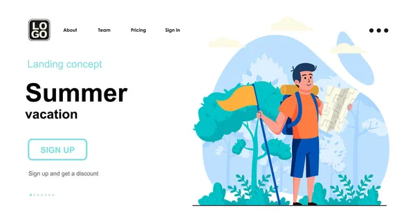 Concetto web vacanza estiva. Uomo turista con zaino guarda la mappa, sceglie il percorso per escursioni. Modello della scena della gente. Illustrazione vettoriale con attività caratteriali in flat design per il sito web — Vettoriale Stock