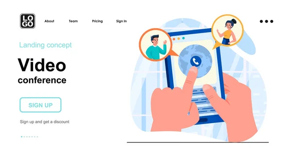 ビデオ会議のウェブコンセプト。男はモバイルアプリからグループチャットで友人や同僚を呼び出します。人々のシーンのテンプレート。ウェブサイトのためのフラットデザインのキャラクター活動とベクトルイラスト — ストックベクタ