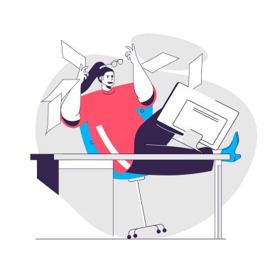 Öfke duygusu web konsepti. Kadın çığlık atıyor, kağıtları atıyor. İnsanların içinde bulunduğu olumsuz ifadeler. Web sitesi için düz karakter tasarımı. Sosyal medya tanıtım materyalleri için vektör illüstrasyonu