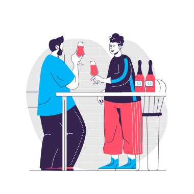 Doğum günü partisi web konsepti. Arkadaşlar konuşuyor ve barda şampanya içiyorlar. Tatilde insan sahnesini kutluyoruz. Web sitesi için düz karakter tasarımı. Sosyal medya tanıtım materyalleri için vektör illüstrasyonu