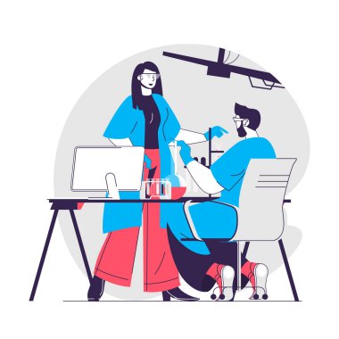 Kimyasal laboratuvar web konsepti. Bilim adamları matara üzerinde deney yapıyorlar. Bilimsel araştırma insanları sahnesi. Web sitesi için düz karakter tasarımı. Sosyal medya tanıtım materyalleri için vektör illüstrasyonu