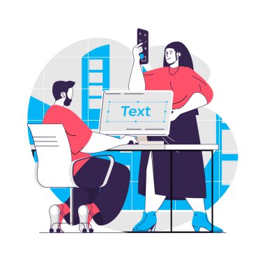 Tasarım Ajansı web konsepti. Takım grafikleri ve yazı tiplerini geliştirir. Dijital ürünler yaratma sahnesi. Web sitesi için düz karakter tasarımı. Sosyal medya tanıtım materyalleri için vektör illüstrasyonu