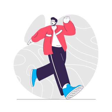 Gladness duygu web konsepti. Mutlu adam koşuyor ve gülümsüyor. İnsanların olumlu duygularını ifade etmek. Web sitesi için düz karakter tasarımı. Sosyal medya tanıtım materyalleri için vektör illüstrasyonu