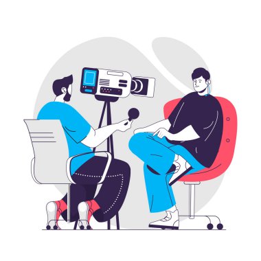 Gazetecilik web konsepti. Operatör muhabirin haber kaydı ya da televizyon programı. Kitle iletişim insanları sahnesi. Web sitesi için düz karakter tasarımı. Sosyal medya tanıtım materyalleri için vektör illüstrasyonu